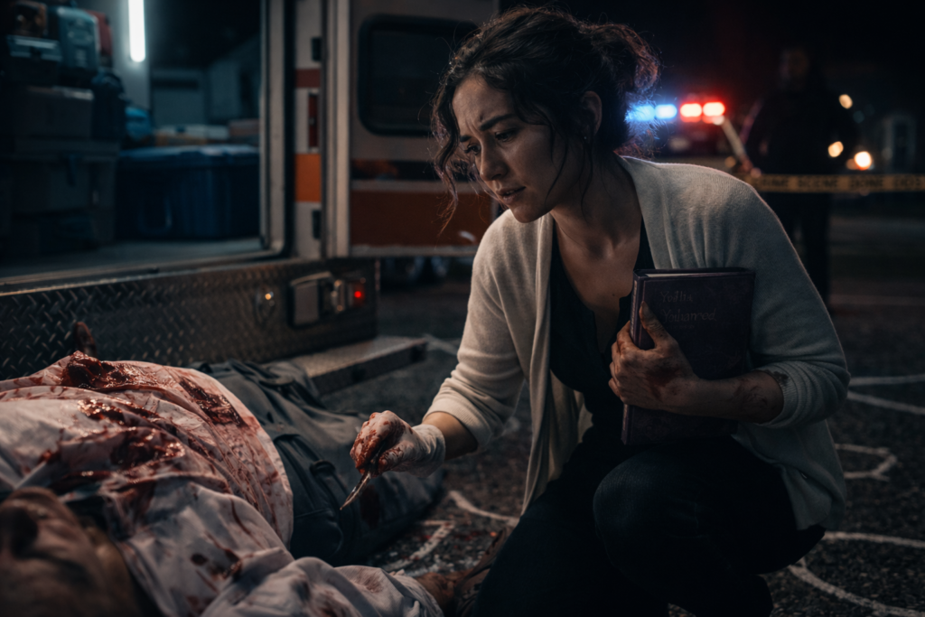 A Psychological thriller character inspecting a body