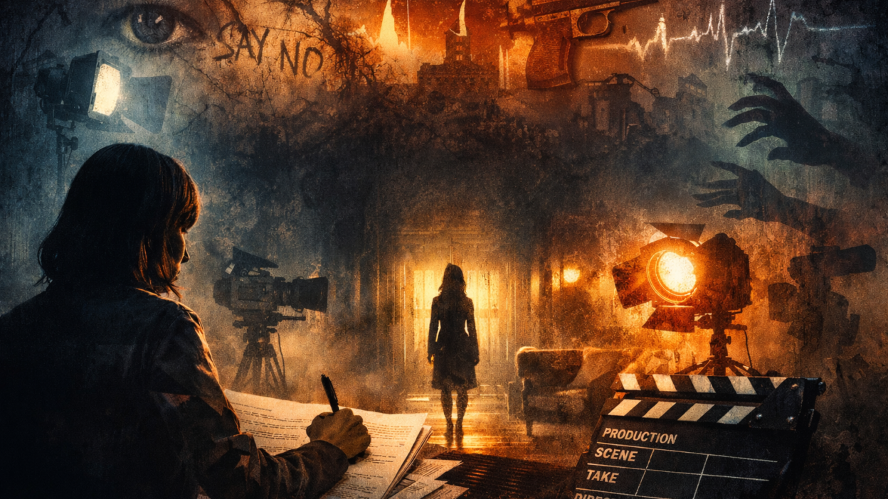 Psychological thriller screenwriting concept art showing a filmmaker writing as reality distorts around her.