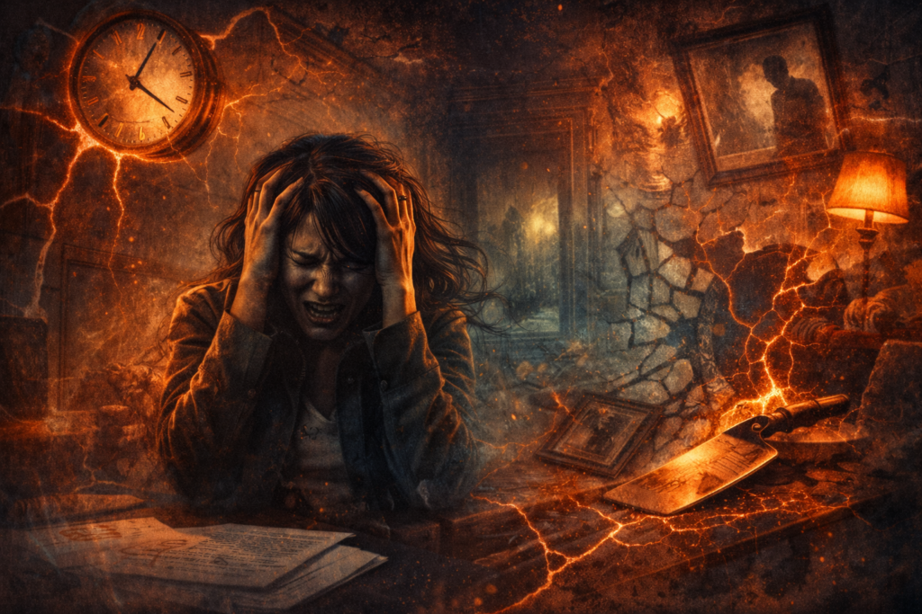 Psychological thriller screenwriting example where emotional instability fractures the physical world.