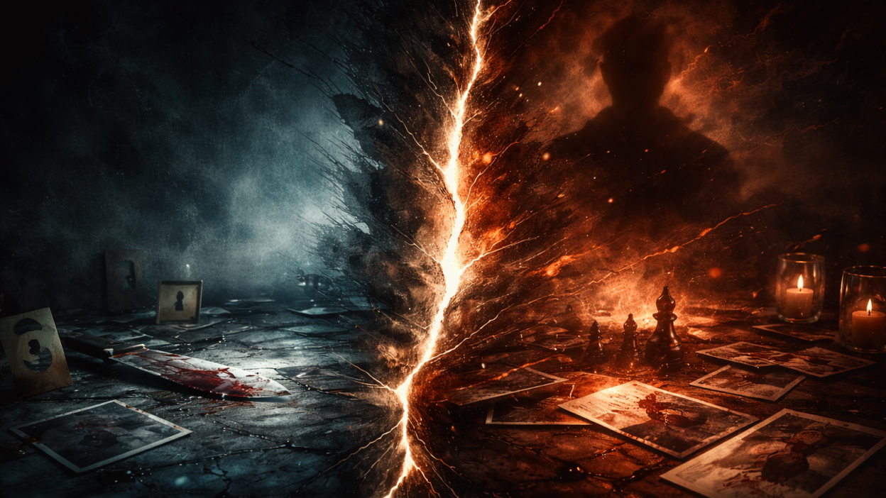 Abstract representation of a psychological thriller villain showing broken identity and emotional duality