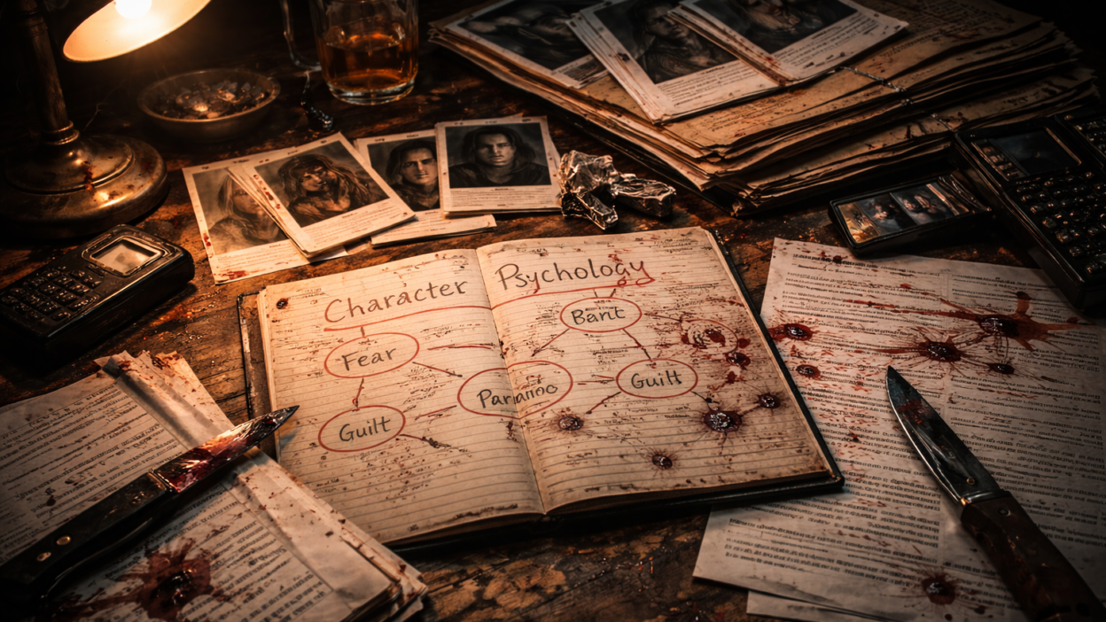 Abstract visual representing psychological thriller characters driven by fear paranoia and inner conflict