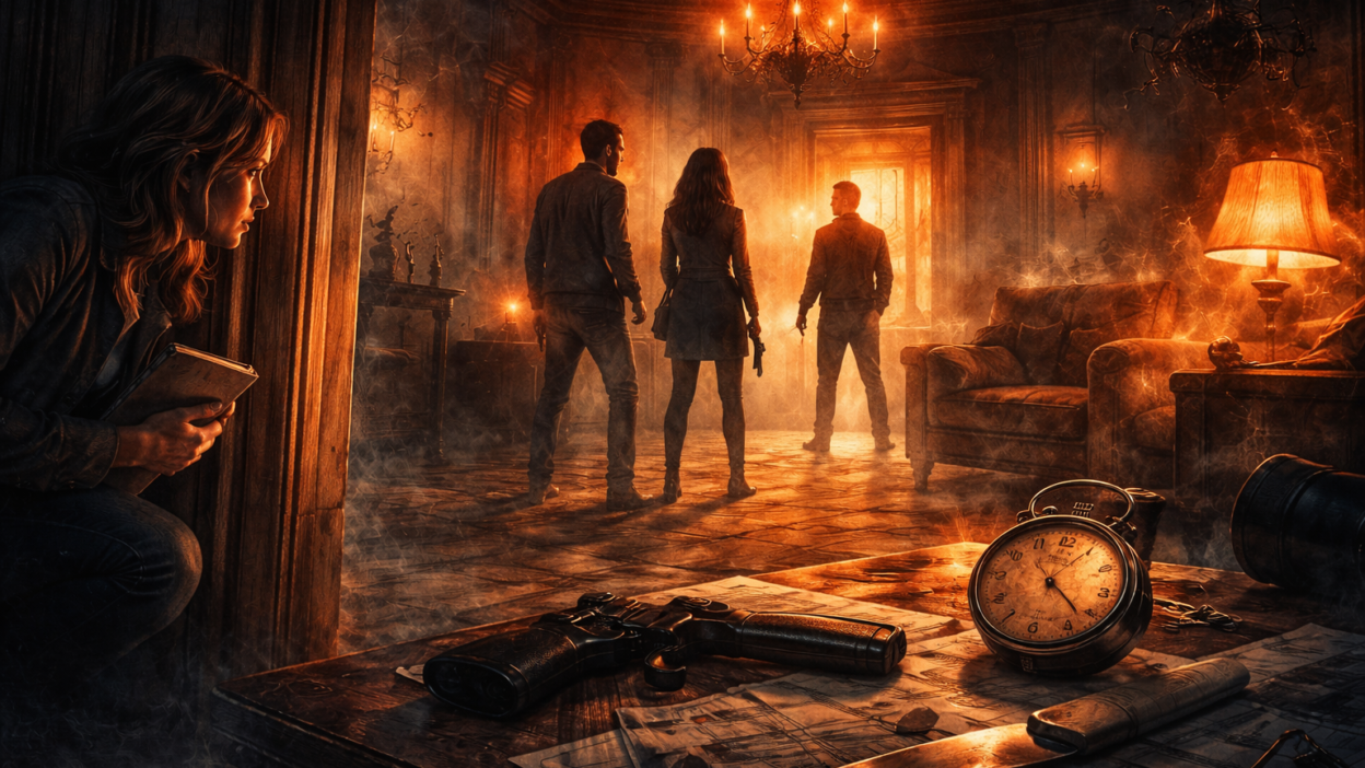 Psychological thriller suspense visualized through cinematic scene geometry and tension-driven environment