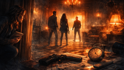 Psychological thriller suspense visualized through cinematic scene geometry and tension-driven environment