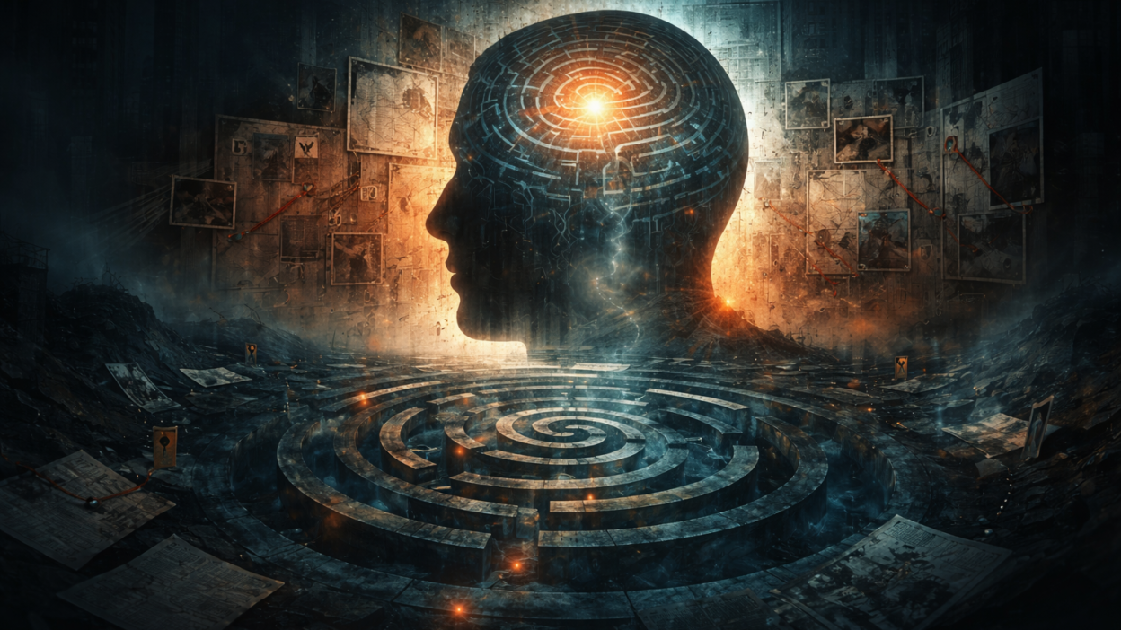 Abstract representation of a psychological thriller plot showing layered narrative structure and internal conflict