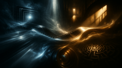 Abstract cinematic representation of visual storytelling in film with light, space and motion