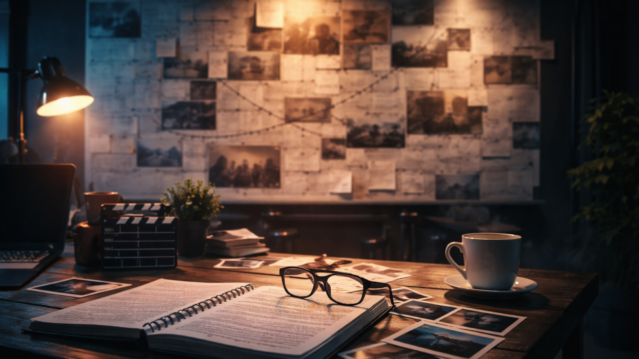 Film production strategy visualized through cinematic planning workspace and story development environment