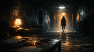 Psychological thriller framing showing isolated architectural space creating tension