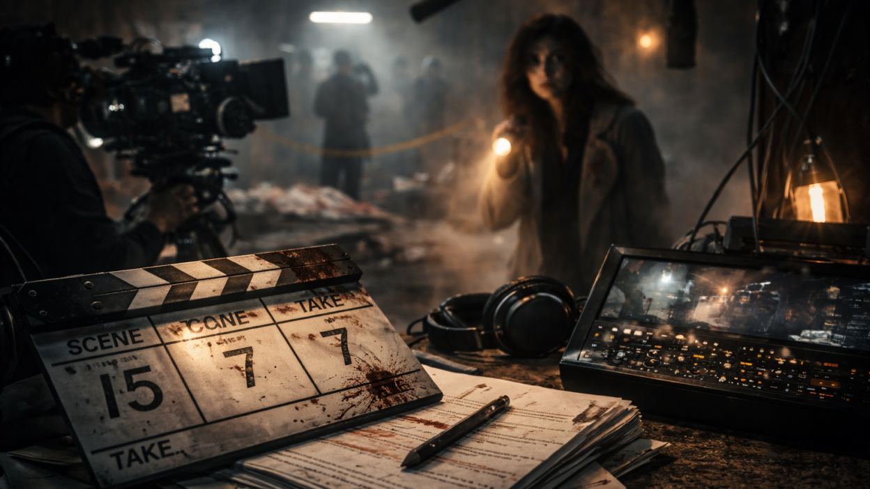 Thriller filmmaking techniques visualized through cinematic lighting and production atmosphere