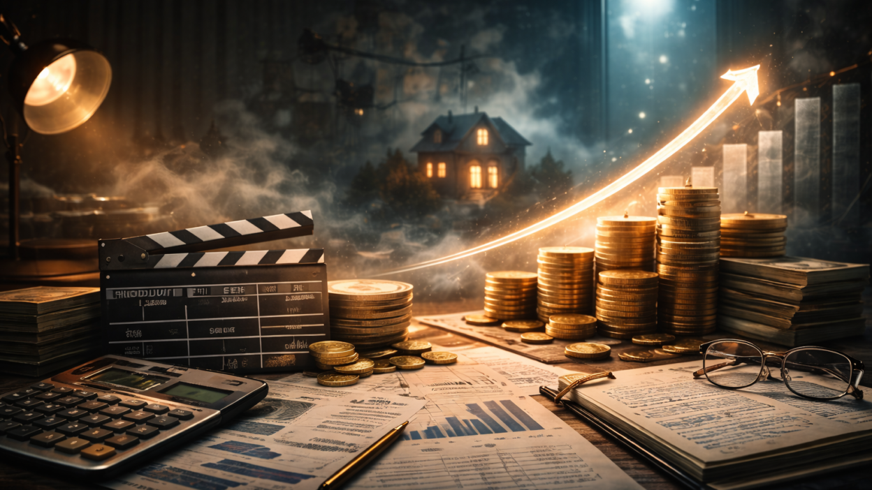 Abstract cinematic representation of the financial investment potential of a mid budget thriller film