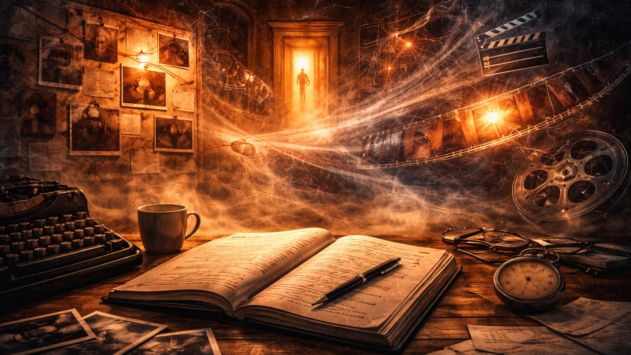 Cinematic screenwriting concept showing abstract visual storytelling emerging from a screenplay.