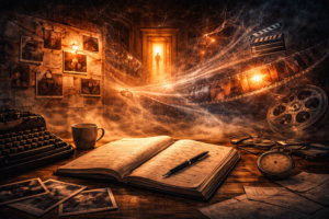 Cinematic screenwriting concept showing abstract visual storytelling emerging from a screenplay.