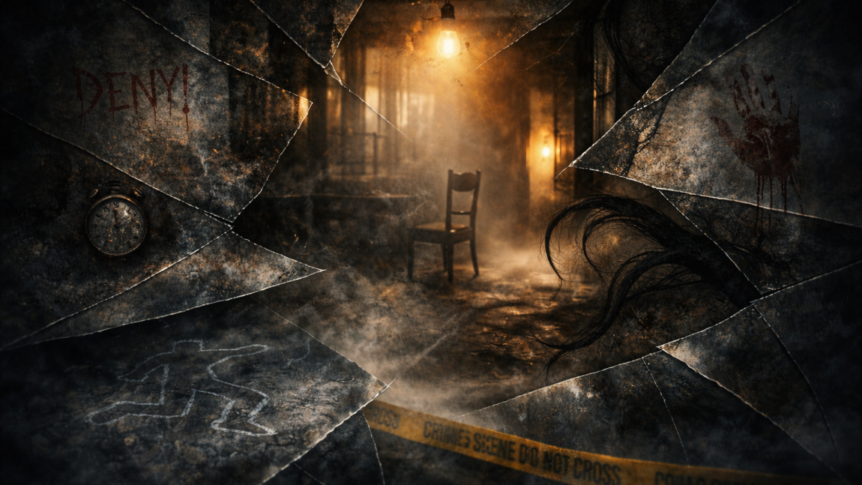 Abstract representation of psychological thriller tension through layered uncertainty and distorted perception