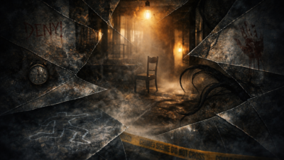 Abstract representation of psychological thriller tension through layered uncertainty and distorted perception