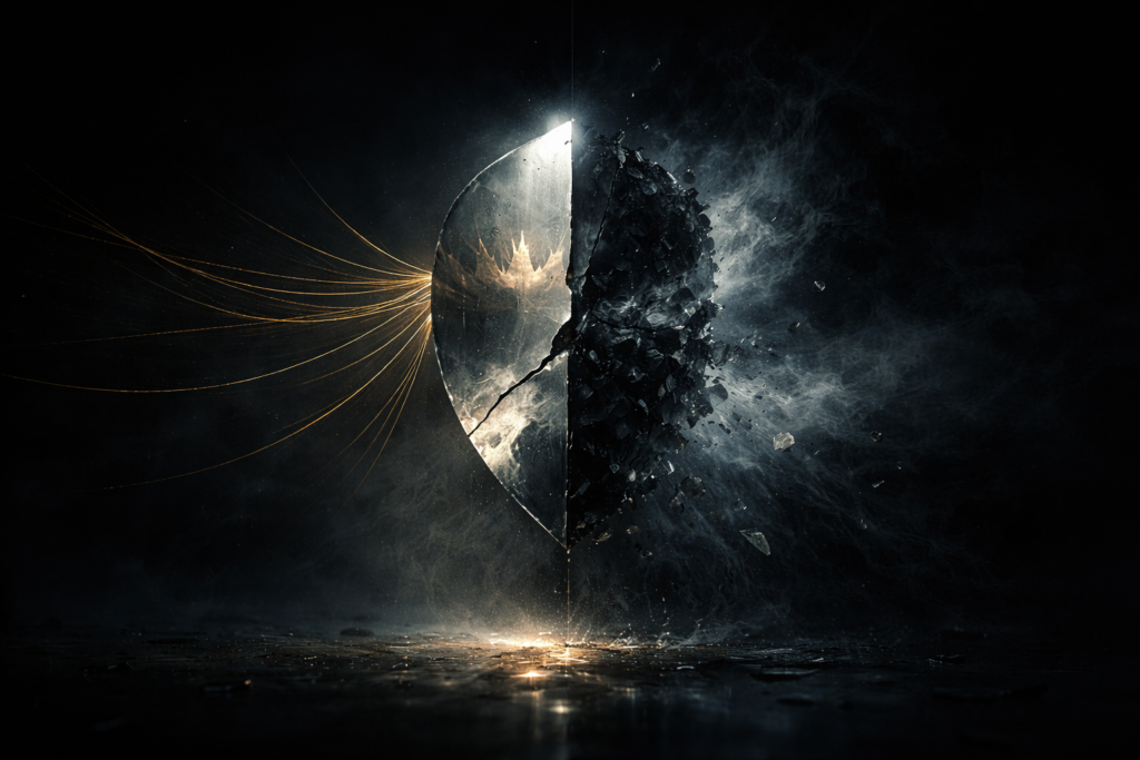 Broken theatrical mask symbolizing the failure of one-dimensional psychological thriller antagonists