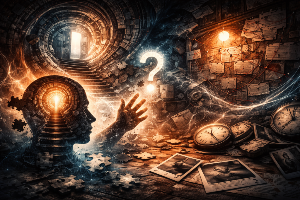 Abstract visual representation of layered storytelling in a mind-bending thriller narrative