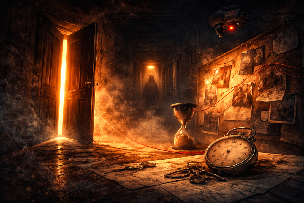 Abstract representation of psychological thriller suspense built through delayed outcome and spatial vulnerability