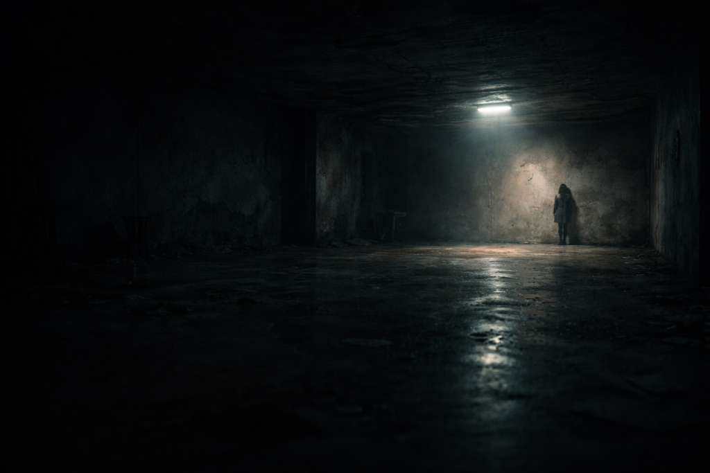 Negative space in psychological thriller framing creating isolation and unease