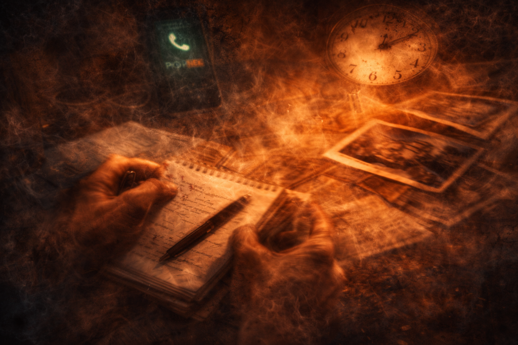 Cinematic screenwriting visualizing psychological states through distorted objects and symbolic imagery.