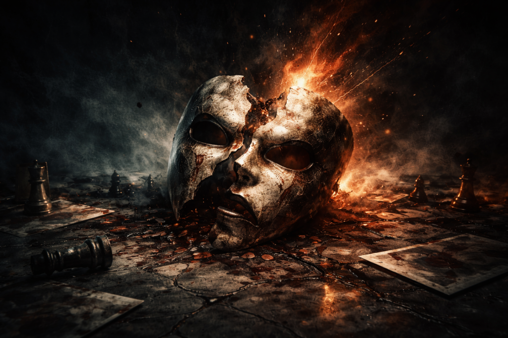 Broken theatrical mask symbolizing the failure of one-dimensional psychological thriller antagonists.