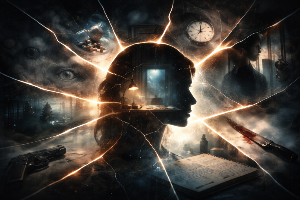 Abstract fractured female silhouette symbolizing the controlled protagonist in a psychological thriller film.