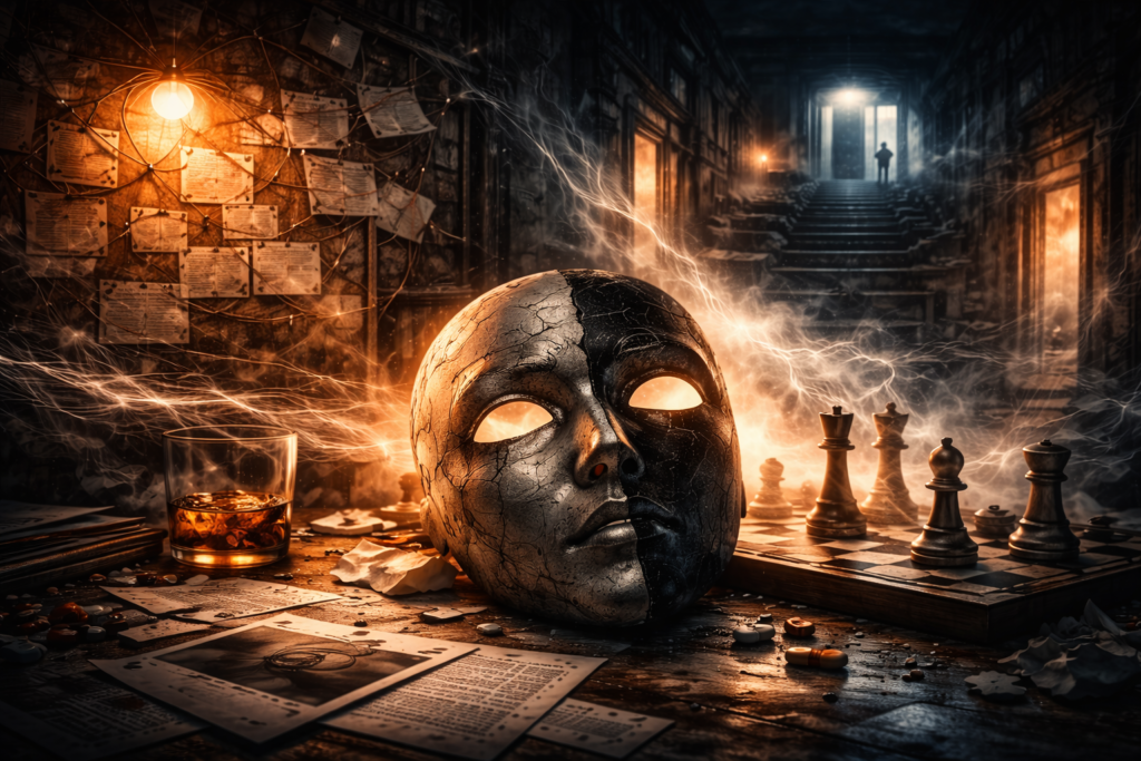 Abstract visual metaphor of complex character psychology in a modern mind-bending thriller