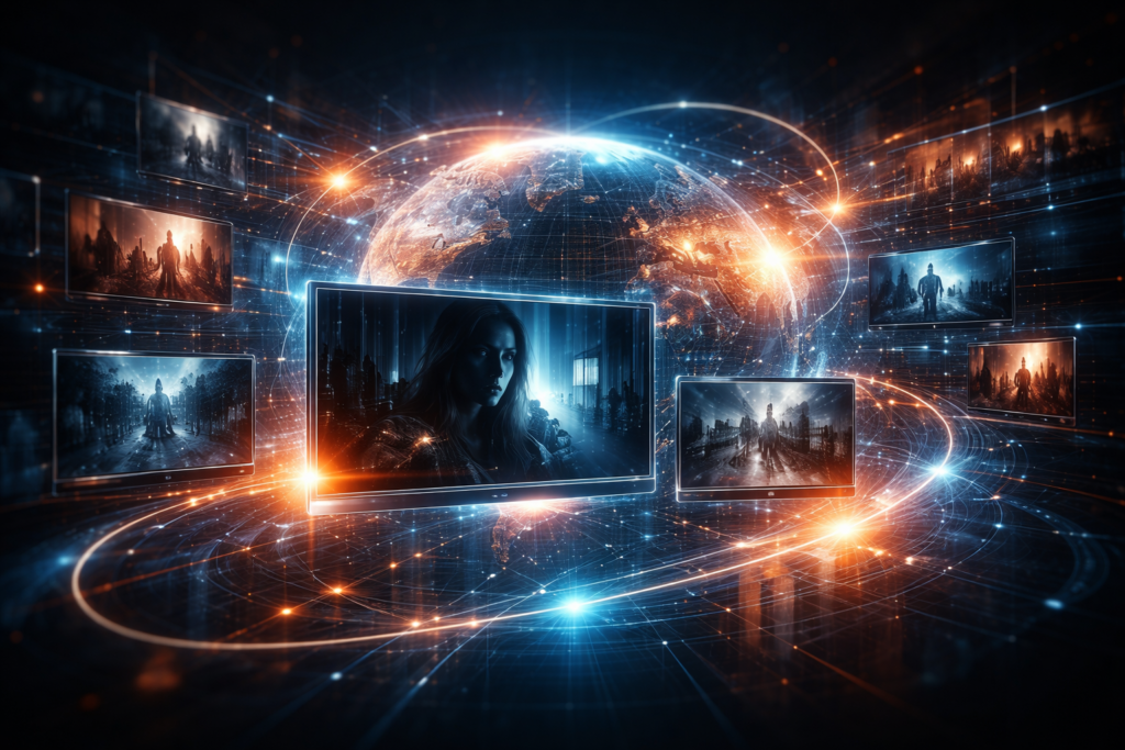 Abstract depiction of global streaming platforms amplifying psychological thriller appeal across markets