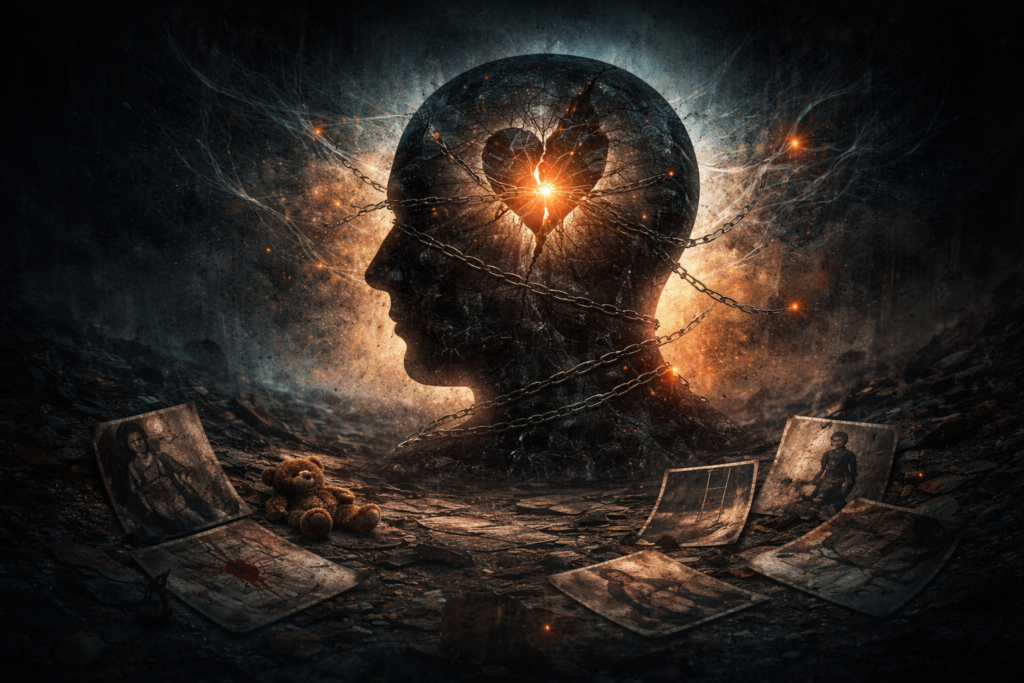 symbolic representation of internal wounds driving a psychological thriller plot