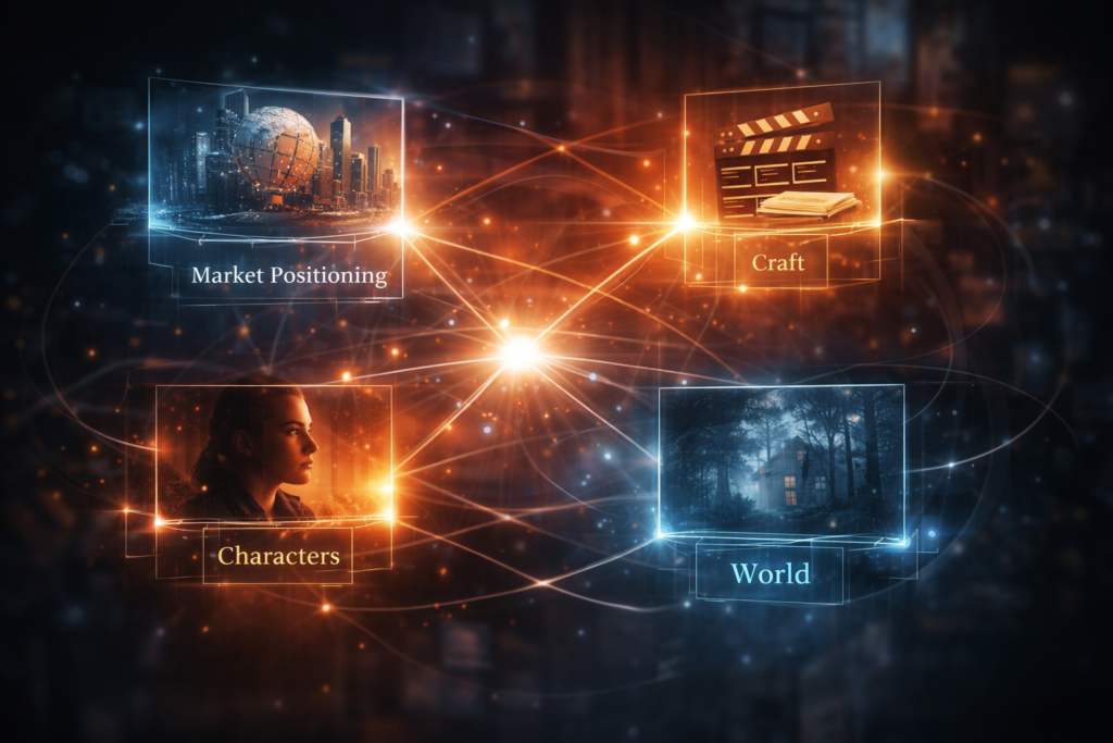 Film production strategy connecting market craft character and world into a unified system