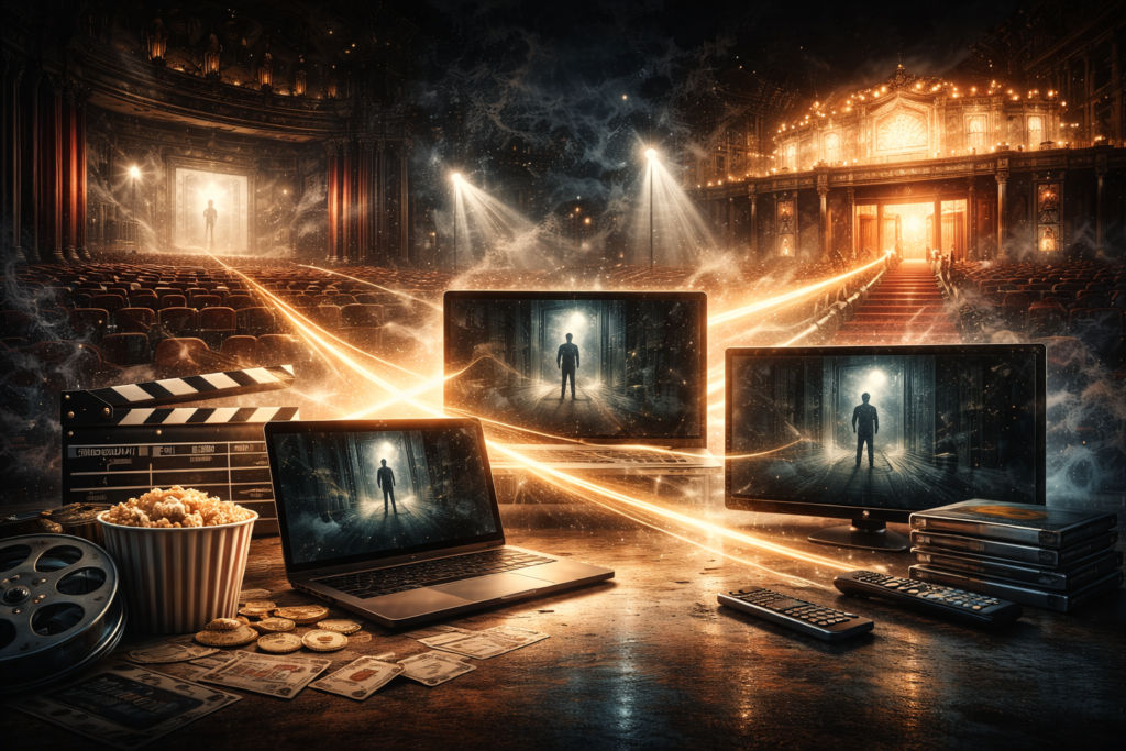 Abstract visualization of distribution channels for a mid budget thriller across theatrical, streaming and festivals