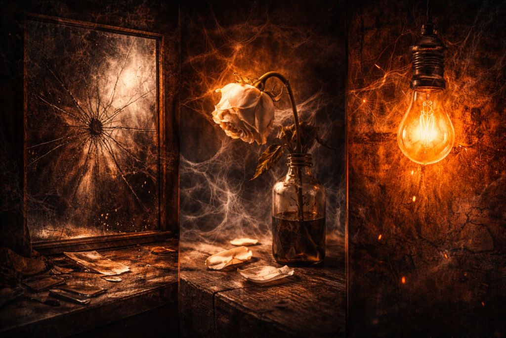Cinematic screenwriting visual metaphors including cracked mirror, fading flower and flickering light.