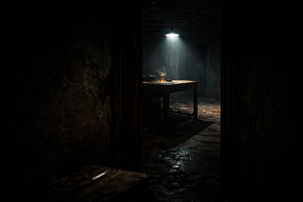 Cinematic lighting revealing and concealing visual information in suspense storytelling