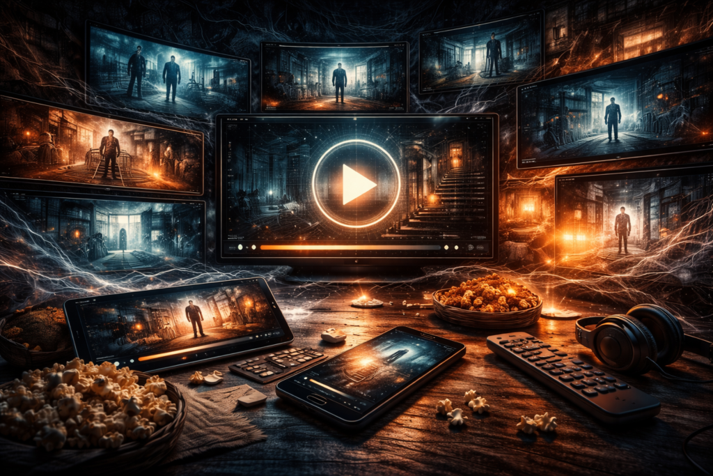 Abstract cinematic visualization of streaming platforms influencing mind-bending thriller storytelling