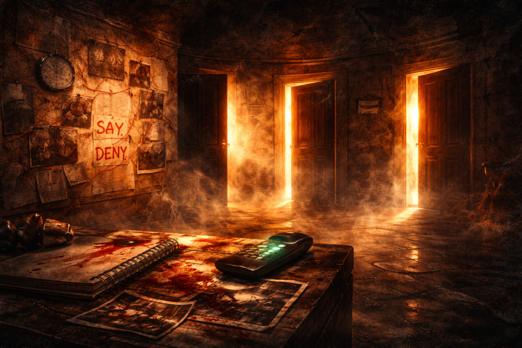 Abstract psychological thriller suspense concept symbolizing hesitation and decision-based tension