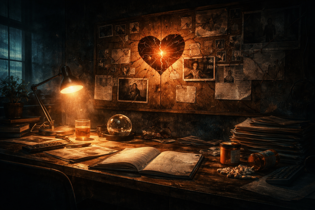 abstract depiction of emotional imbalance and character setup in a psychological thriller plot