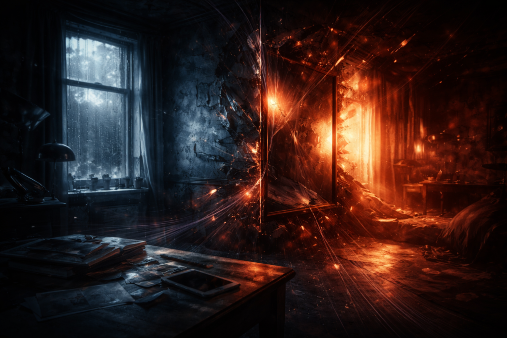 Abstract cinematic imagery representing psychological thriller filmmaking through visual storytelling and perception distortion.