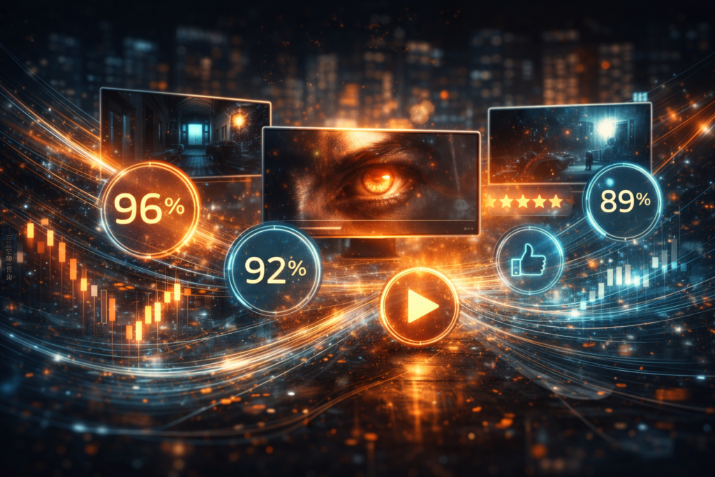 Abstract illustration of streaming metrics driving psychological thriller investment value and engagement