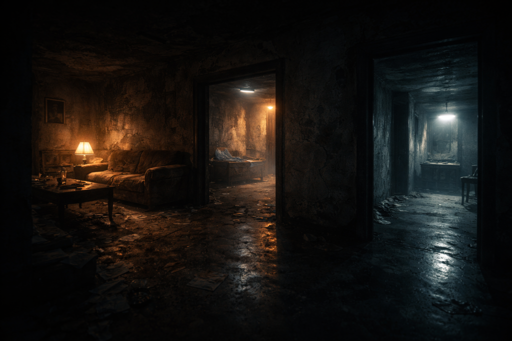 Psychological thriller framing using architecture to reflect inner psychology