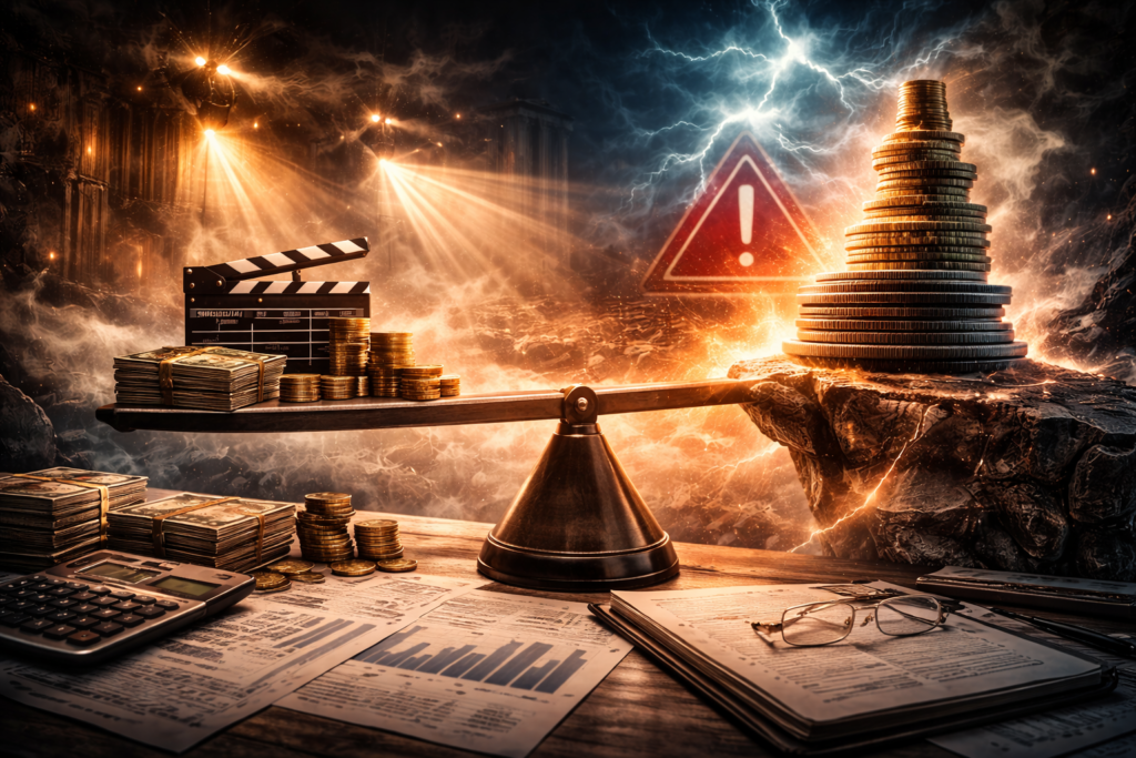 Abstract representation of financial risk and reward balance in mid budget thriller film investment