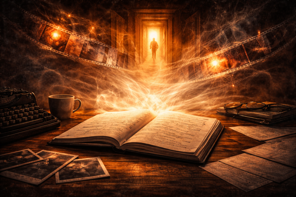 Cinematic screenwriting where a screenplay transforms into a visual scene without camera instructions.