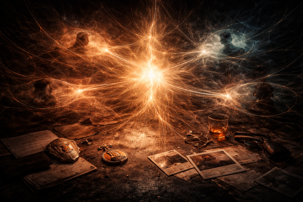 Abstract visualization of relational tension created by psychological thriller secondary characters