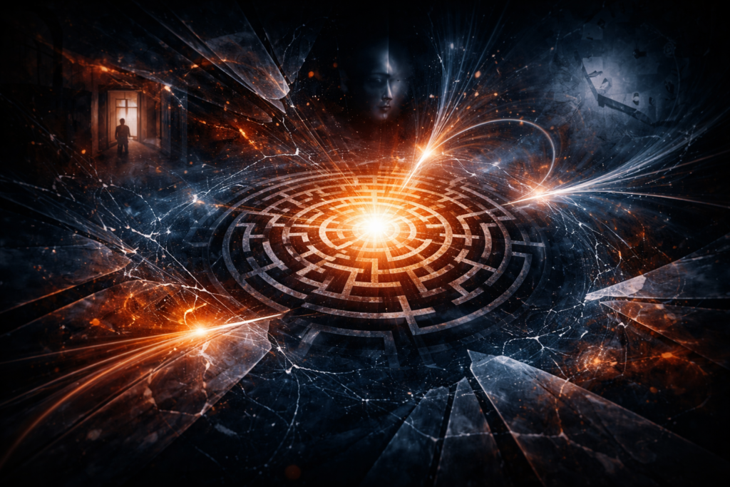 Abstract visualization of universal psychological tension driving psychological thriller appeal worldwide