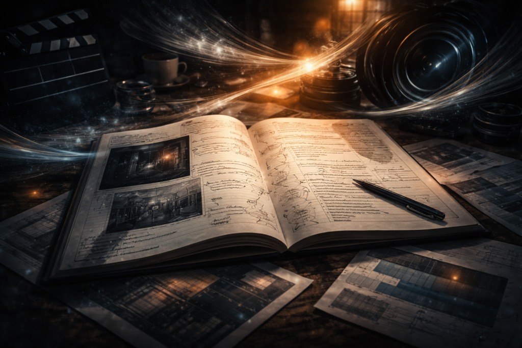 Cinematic process showing how visual storytelling in film evolves from script to screen