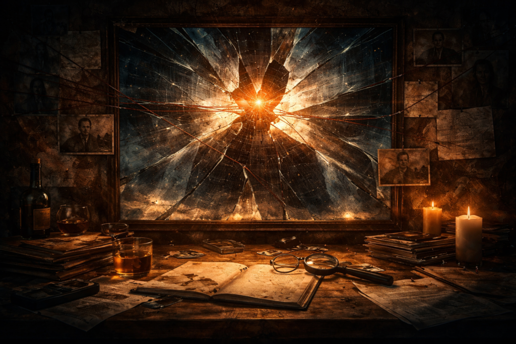 abstract visual of psychological realization and identity shift in a psychological thriller plot