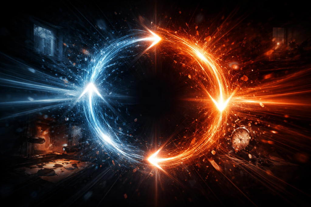 Abstract loop representing psychological thriller filmmaking as an interconnected system of character, suspense, and visuals.