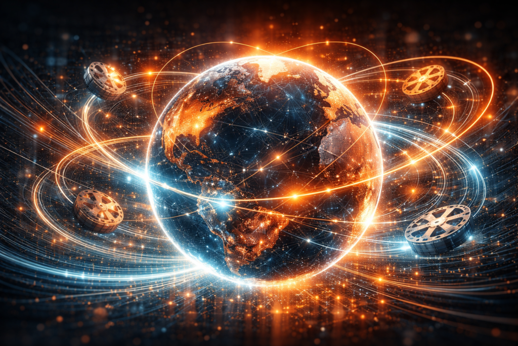 Abstract depiction of global film distribution supporting psychological thriller investment scalability