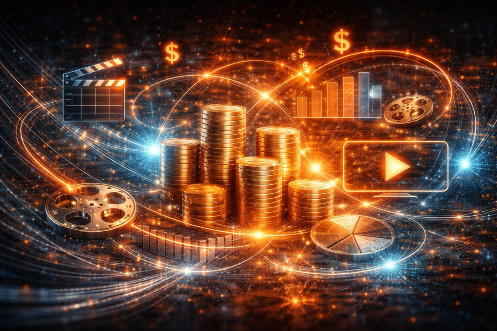 Abstract visualization of multi-window revenue model in psychological thriller investment