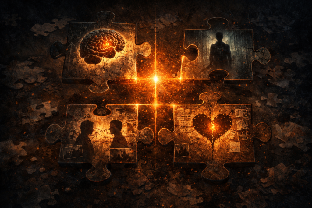 abstract representation of integrated storytelling elements in a psychological thriller plot