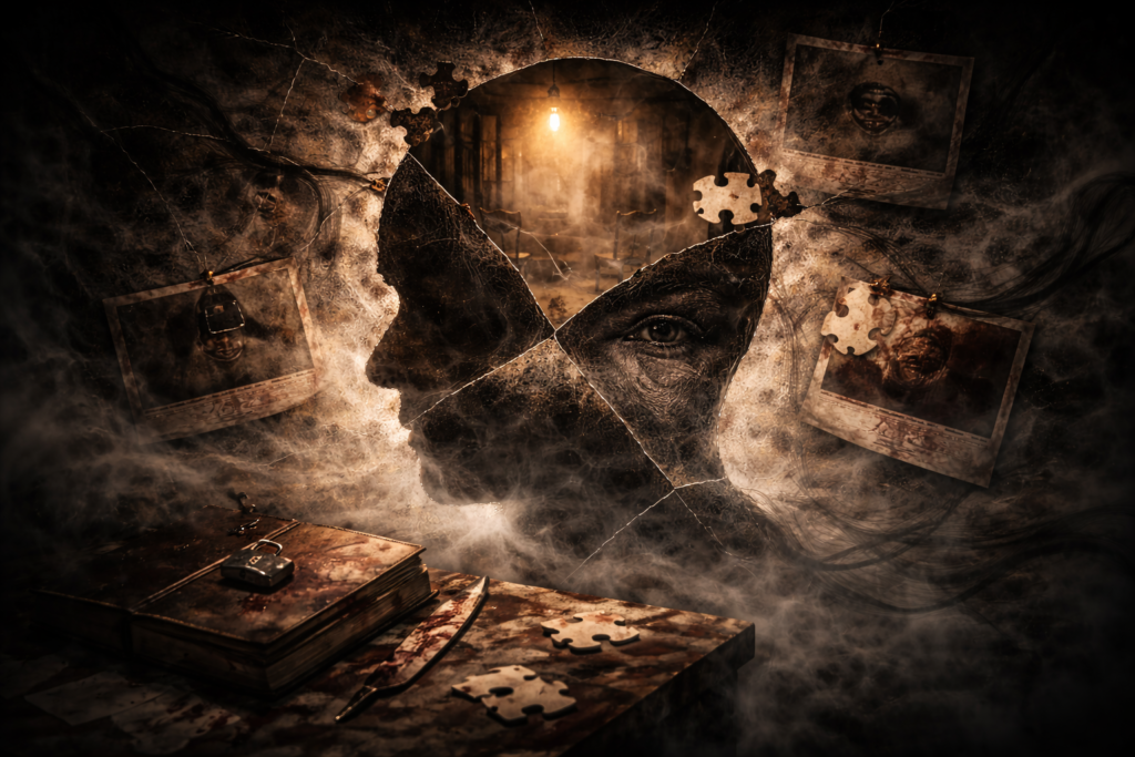 Abstract depiction of distorted perception representing an unreliable protagonist in psychological thrillers