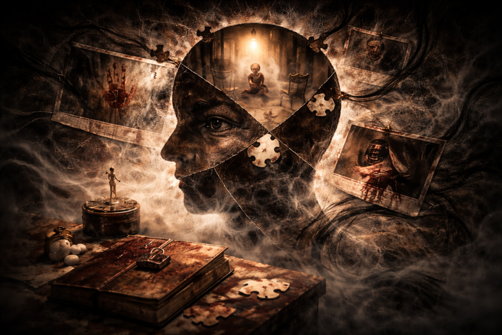 Abstract symbolic fragments representing controlled disclosure of an unreliable protagonist's psychology