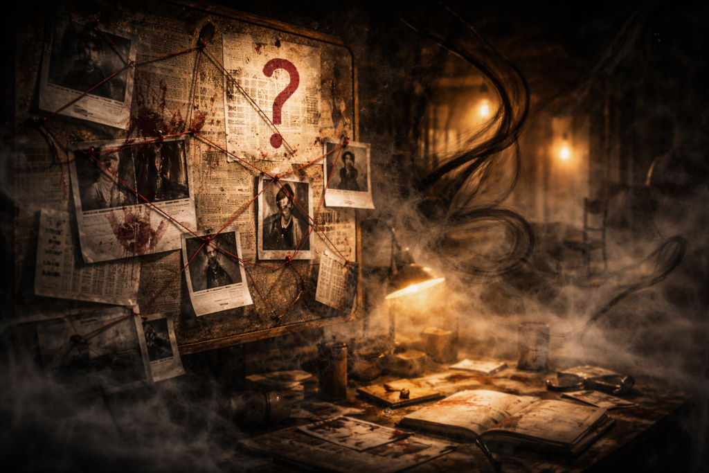 Abstract investigative pattern representing psychological thriller tension and narrative uncertainty